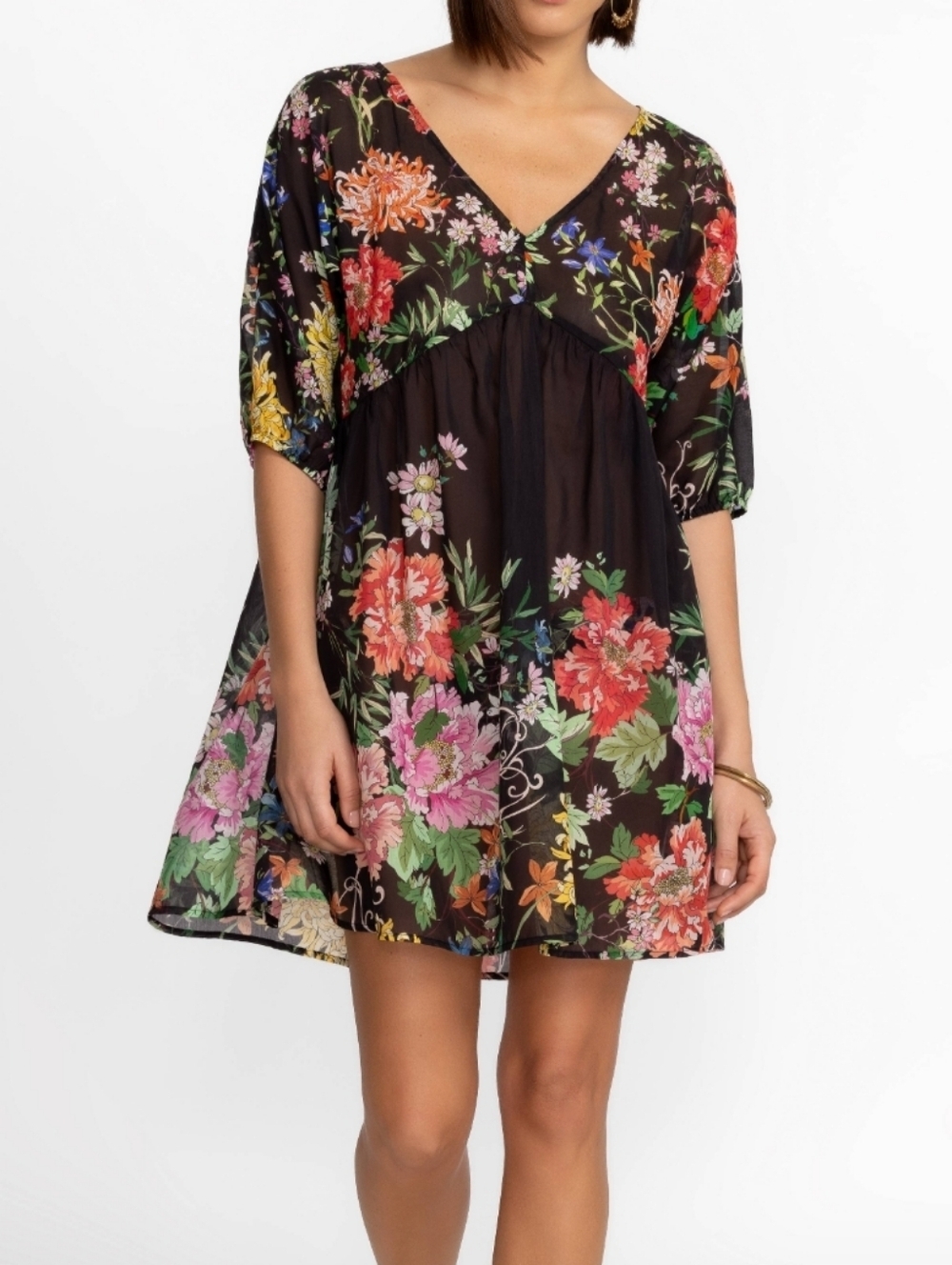Johnny Was Metalli Note A-Line Black Swing Mini Dress with Multicolor Blooms XS